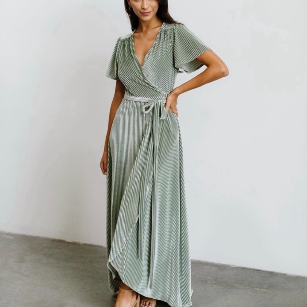 Baltic Born Andi Dusty Sage Ribbed Velvet Wrap Dress